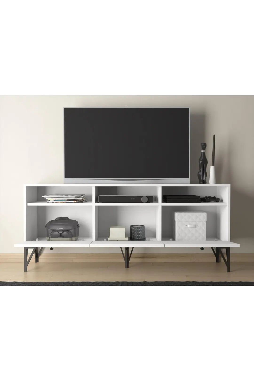 Rhea 160 Cm Dolaplı, Minifiks Bağlantı, Geniş Tv Ünitesi - Konsol - Beyaz / Siyah